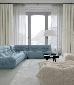 Window coverings advert, interior with sheer curtains